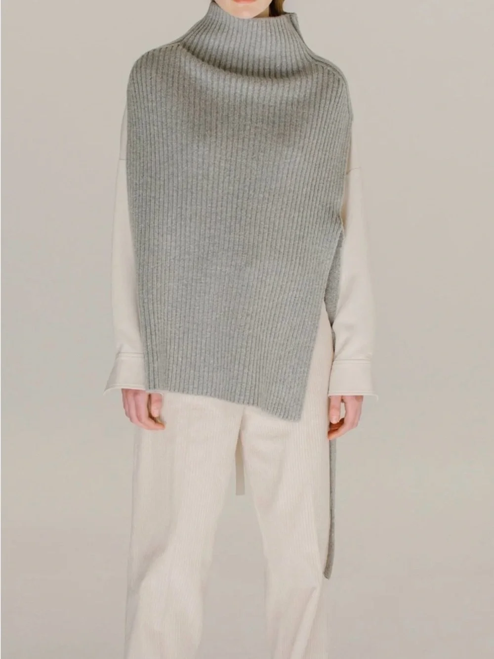 Mijeong Park - Ribbed Funnel Neck Knit Poncho - Light Gray - Picture 1 of 7